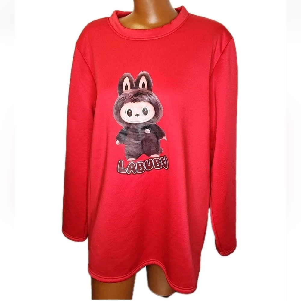 Labubu Monsters Sweatshirt Woman XL Red Fur Plush Lined Crewneck Comfy Cozy Nwot